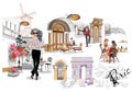 Set of Paris illustrations with fashion girls, cafes and musicians.